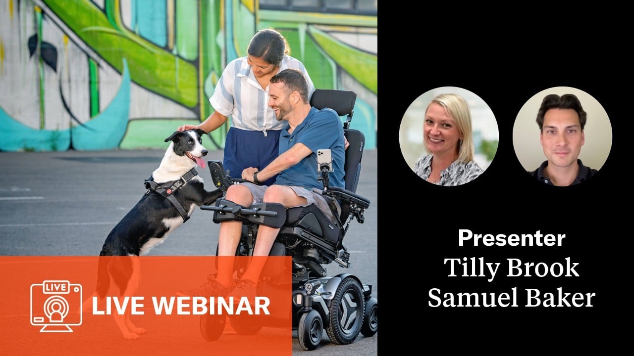 Webinar tile. A power wheelchair user and his partner are petting their dog. Presenters' profile pictures, Tilly Brook and Samuel Baker. 